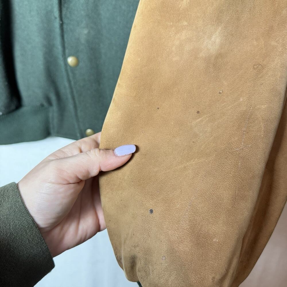 Vintage Cabela's Green Wool and Brown Leather Bomber Jacket Quilted Lining XL - Picture 14 of 16